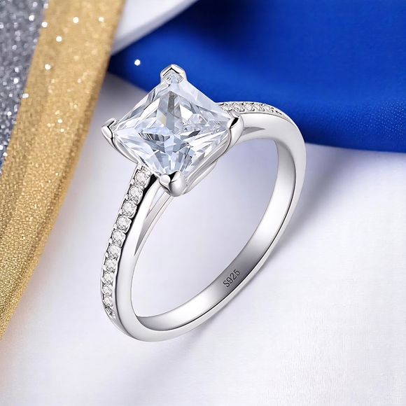 🆕Elegant Shiny S925 Silver Princess Cut CZ Engagement Ring Size 8 Velvet Box - Picture 15 of 15